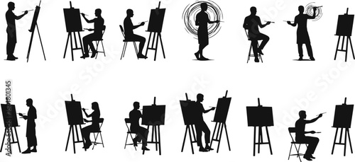 Silhouette artists painting on canvases, creative people at easels, imaginative inspiration, art studio scene, painter poses, fine art creation, workshop activity