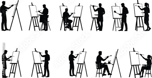 Silhouette artists painting on easels, creative people drawing, art studio scene, artistic expression, painter poses, fine art creation, illustration work