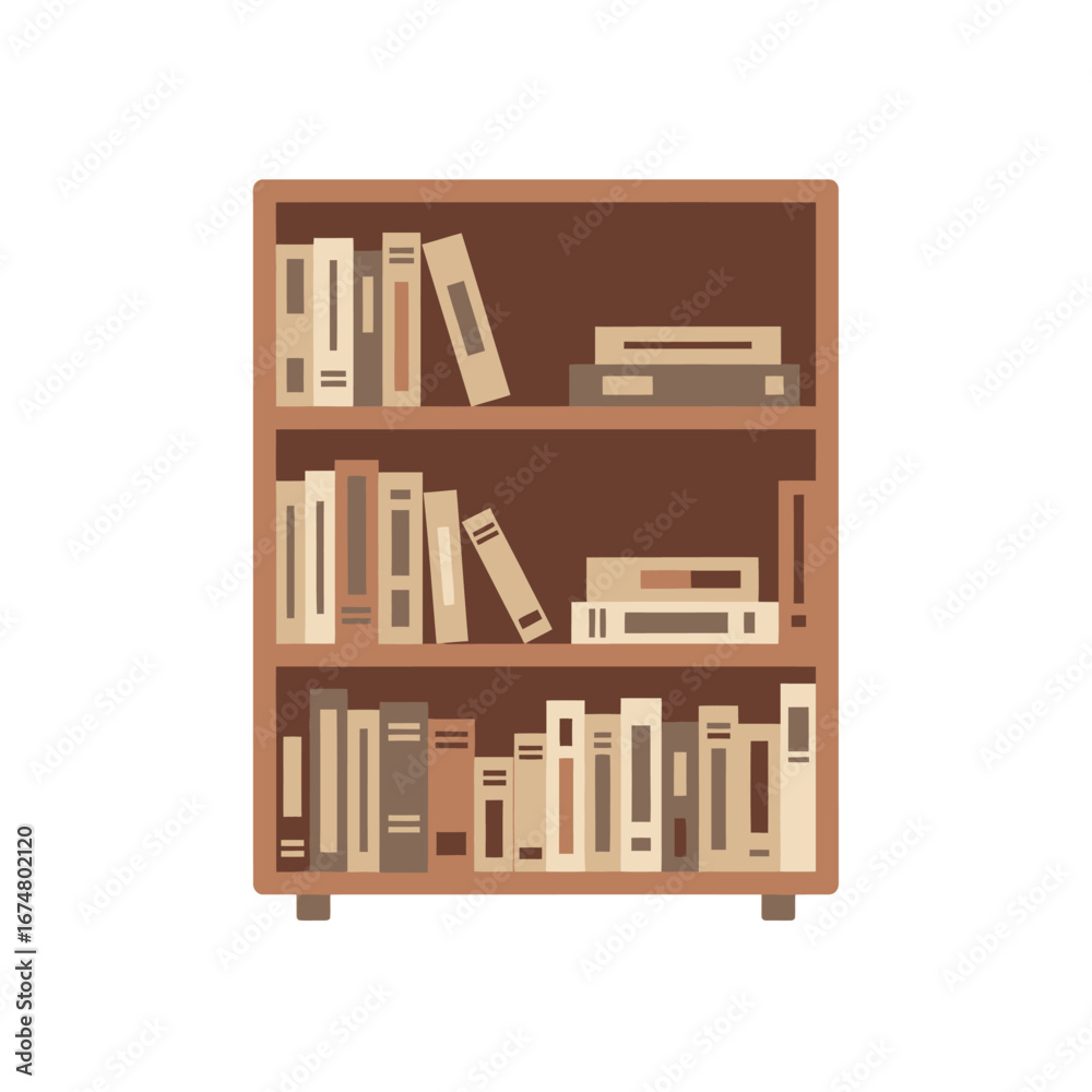 A simple illustration of a wooden bookshelf filled with various books on three shelves. A simple illustration of a wooden bookshelf filled with various books on three shelves.
