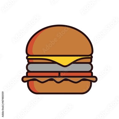 Illustration of a classic burger with cheese, tomato, lettuce and meat patty.