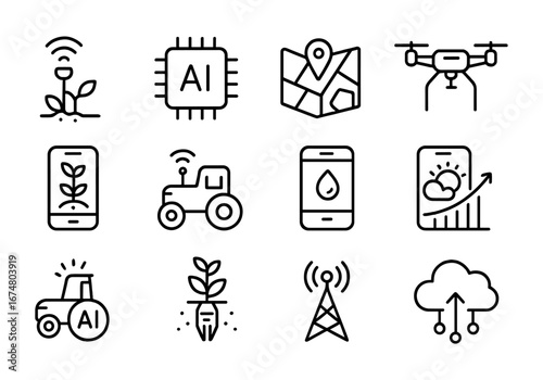 Smart farming black icons sensors, smartphone, drone, AI tractor, analytics, cloud data