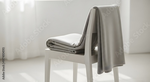 A soft light brown folded blanket draped over the back of a simple white wooden chair in a bright airy room