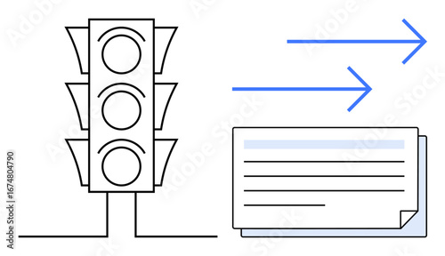 Traffic light with document and directional arrows. Ideal for decisions, workflow, organization, traffic coordination, task prioritization, data processing, project management. Simple flat metaphor