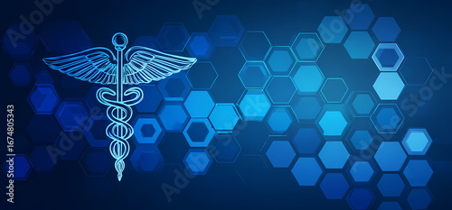 Abstract digital healthcare background featuring a glowing caduceus symbol amidst a futuristic blue hexagonal pattern, representing medical innovation and technological advancements