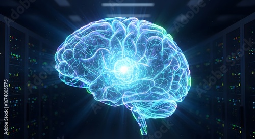 Wallpaper Mural Digital Brain Illustration with Glowing Neural Network in Data Center Environment Torontodigital.ca