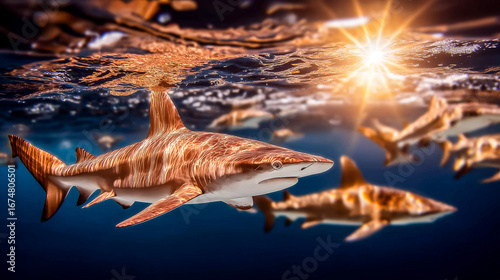 Beautiful cinematic underwater shot of a school of hammerhead sharks slowly circling in deep blue water, sunlight dimming with depth, high realism, sense of scale