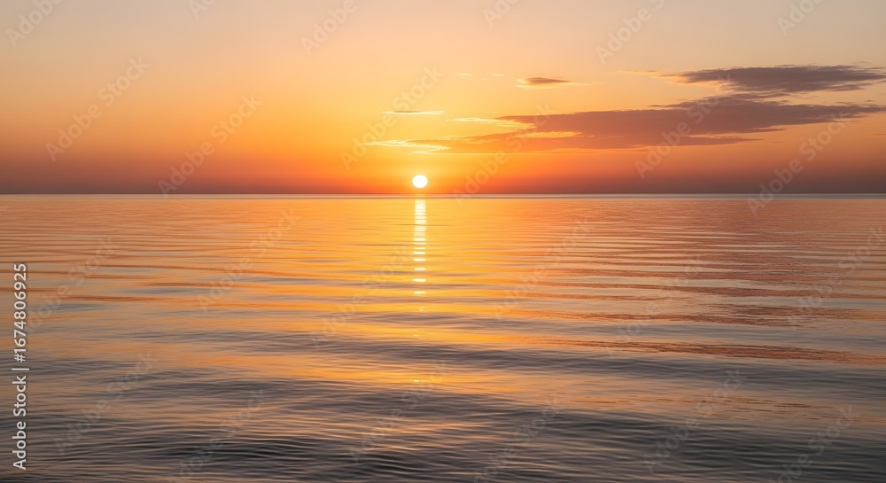 Fototapeta premium Serene ocean horizon at sunset with warm golden light reflecting on rippling water and soft clouds