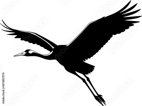 a black silhouette of a crane in flight isolated white background
