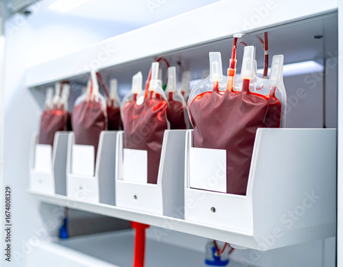 Wallpaper Mural Blood bags neatly stored in a medical refrigerator or rack, ready for transfusion. Essential healthcare, life-saving donations in a clinical laboratory setting. Torontodigital.ca