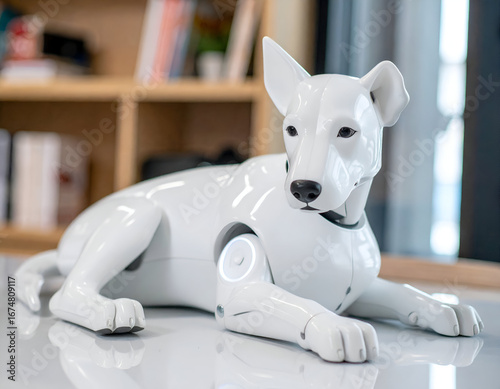 Wallpaper Mural Modern white robot dog companion lying peacefully, showcasing cutting-edge artificial intelligence and future technology for domestic and innovative living. Torontodigital.ca