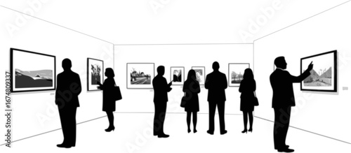 people admiring art in a gallery silhouette vector illustration
