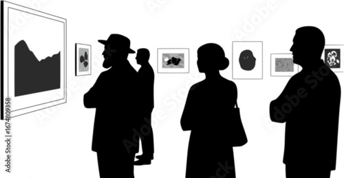 people admiring art in a gallery silhouette vector illustration
