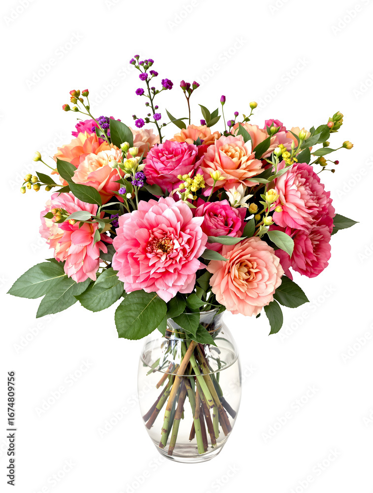 Fototapeta premium A beautiful bouquet of vibrant pink and peach garden roses in a clear glass vase, an elegant floral arrangement isolated on a white background