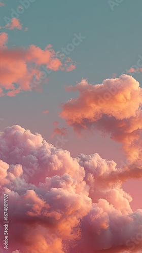 Fototapeta Naklejka Na Ścianę i Meble -  Fluffy pink clouds float in a serene light blue and pink sky at sunset