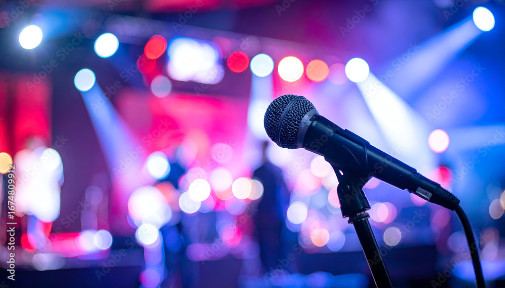 Obraz premium Stage microphone ready for a performance, bathed in vibrant bokeh lights. Captures the electric atmosphere of live music, concerts, or public speaking events.