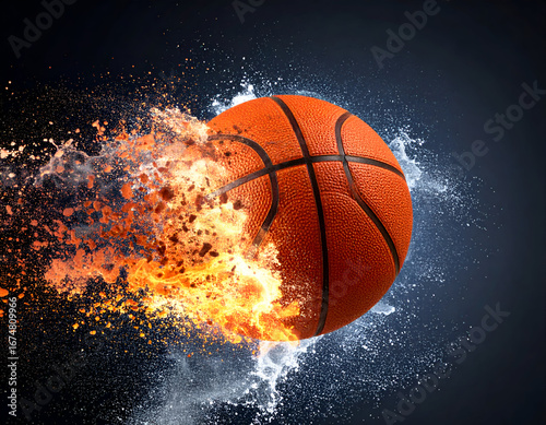 Wallpaper Mural Dynamic basketball engulfed in fiery flames and cool water splashes, symbolizing intense competition, power, and contrasting elements. Torontodigital.ca