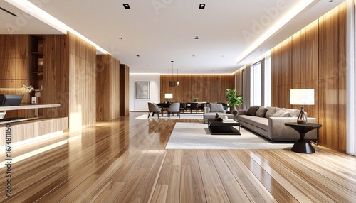 A spacious modern living room with polished teak wood floors and walls, featuring minimalist furniture and abundant natural light, creating a warm, elegant, and inviting atmosphere.