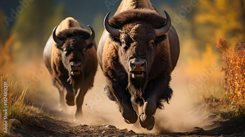 Two American Bison Running Through Autumn Landscape