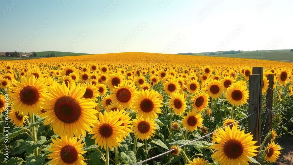 Fototapeta premium Sunflower field blooming under clear blue sky 