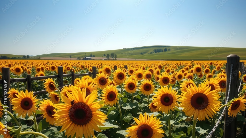 Obraz premium Sunflower field near countryside house at sunrise 