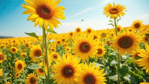 Wallpaper Mural Cartoon sunflower field under blue sky with paragliders  
 Torontodigital.ca