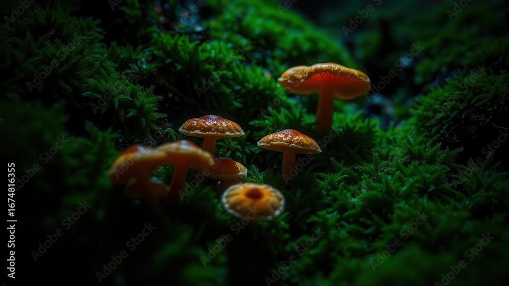 Fototapeta premium Glowing forest mushrooms on moss in low light 