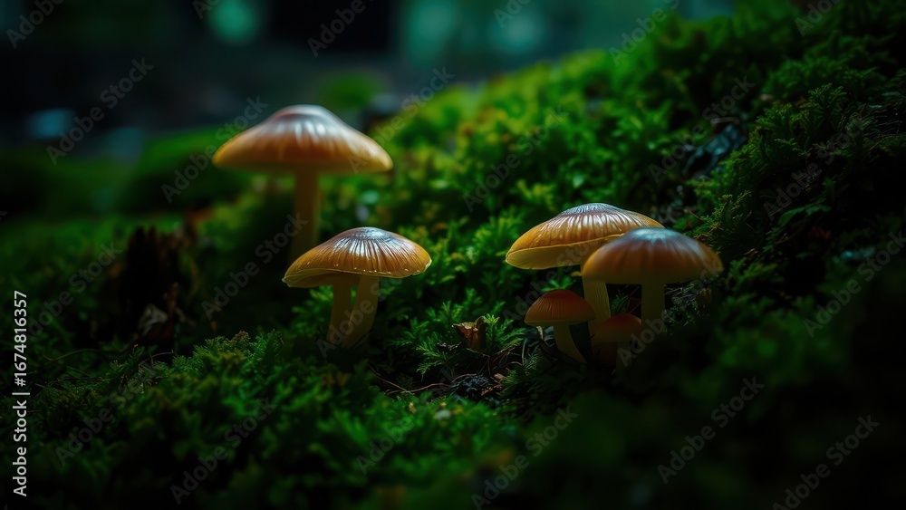 Fototapeta premium Glowing forest mushrooms on moss in low light 