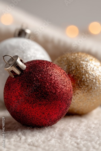 Close-up of festive red, gold, and silver Christmas ornaments on a soft white background.