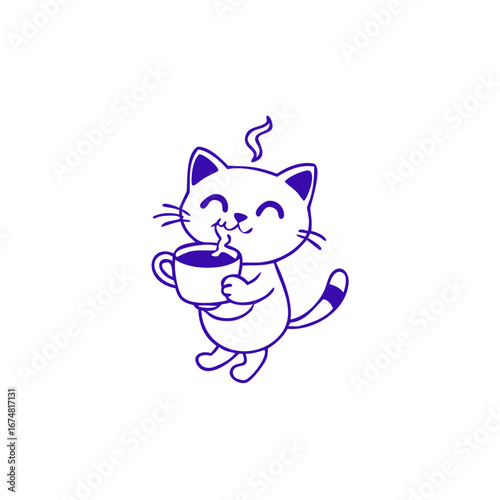 Cute Minimal Cat Holding Coffee Cup Vector Illustration, Vector logo design template and graphic elements for advertising, branding, posters and banners, funny cartoon illustrations  