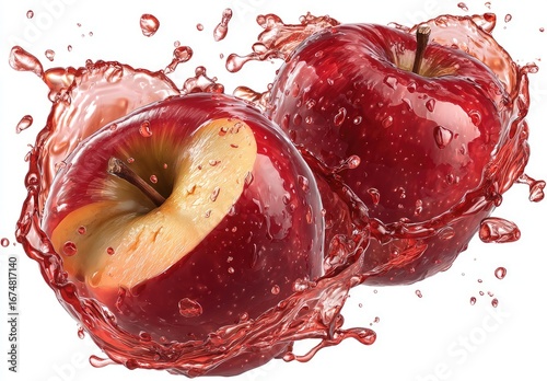 Two red apples in mid-air, surrounded by splashes of juice