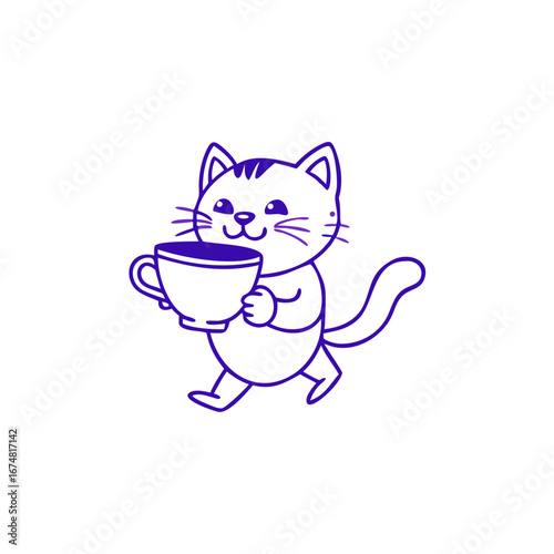 Cute Minimal Cat Holding Coffee Cup Vector Illustration, Vector logo design template and graphic elements for advertising, branding, posters and banners, funny cartoon illustrations  
