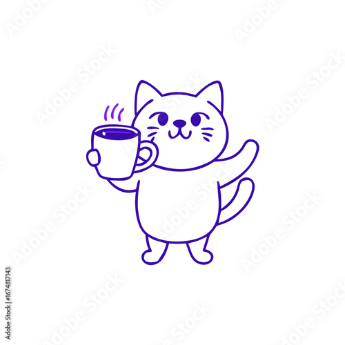 Cute Minimal Cat Holding Coffee Cup Vector Illustration, Vector logo design template and graphic elements for advertising, branding, posters and banners, funny cartoon illustrations  