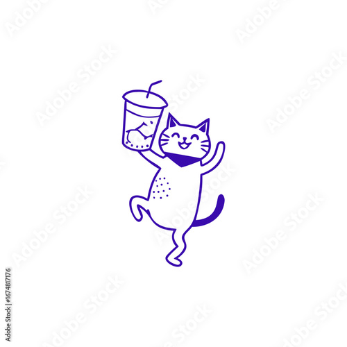 Cute Minimal Cat Holding Coffee Cup Vector Illustration, Vector logo design template and graphic elements for advertising, branding, posters and banners, funny cartoon illustrations  