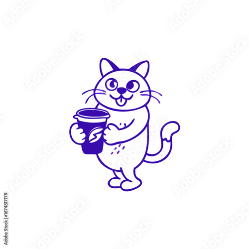 Cute Minimal Cat Holding Coffee Cup Vector Illustration, Vector logo design template and graphic elements for advertising, branding, posters and banners, funny cartoon illustrations  