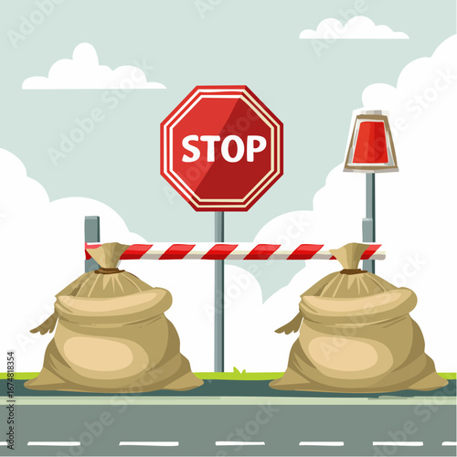 Army Road Checkpoint with Sandbags - AI Generated