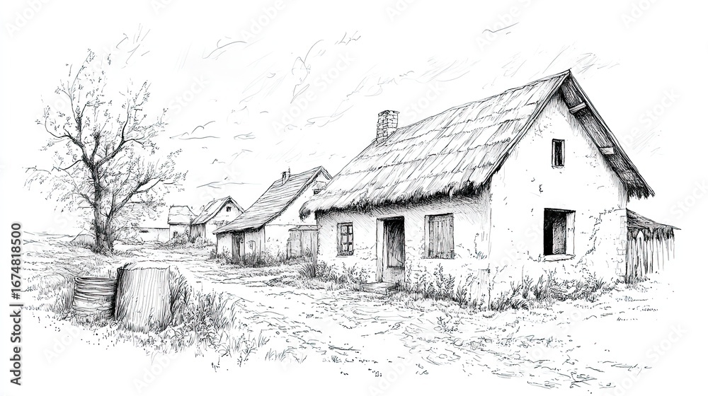 Obraz premium Pen and ink drawing of thatched cottages in rural landscape