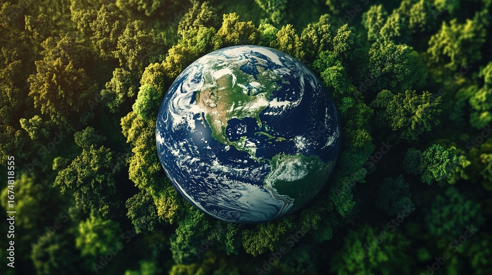 Naklejka premium Earth Surrounded by Rainforest Eco - friendly Natural Theme Scene Material
