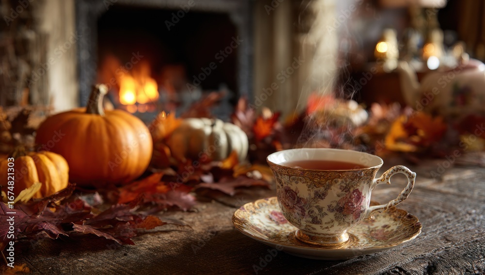 Fototapeta premium Autumnal tea by fireplace