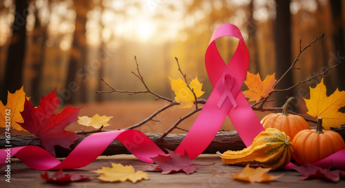 Pink breast cancer awareness ribbon in a fall setting with colorful leaves and pumpkins. Support health for women.