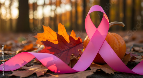 Pink ribbon and pumpkin with autumn leaves. Breast Cancer Awareness Month in fall. Health campaign for support and hope.