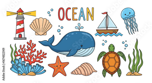 Explore the wonders of the deep blue sea with this delightful cartoon set featuring marine animals and nautical elements