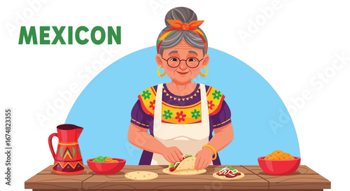 Traditional Mexican Grandmother Expertly Prepares Authentic Tacos and Salsas, Showcasing Culinary Heritage and Skill