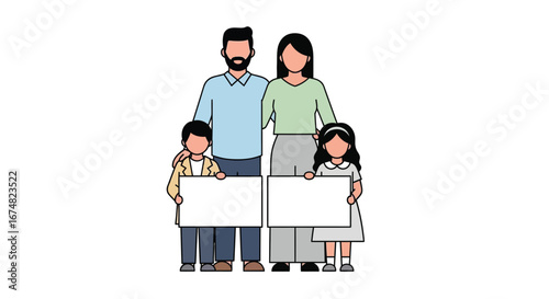 Happy family holding blank signs for messages and information
