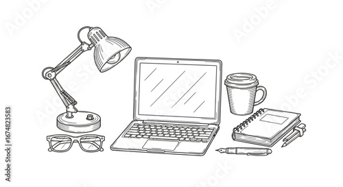 Desk setup with laptop, desk lamp, coffee cup, notebook, pen, and glasses for remote work or study