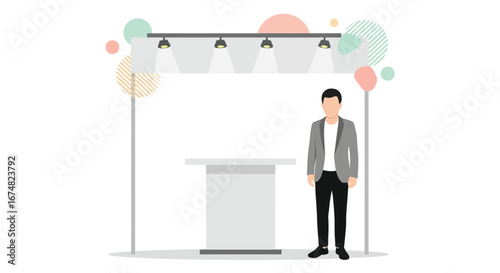 Man standing at exhibition booth with lights and decorations for trade show event