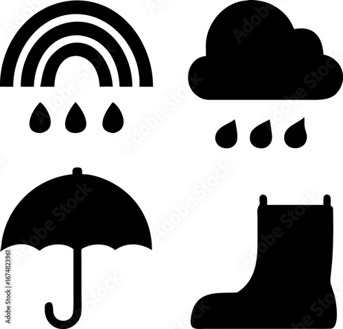 Rainy weather forecast icons showing rainbow, cloud, raindrops, umbrella, and boot for weather applications