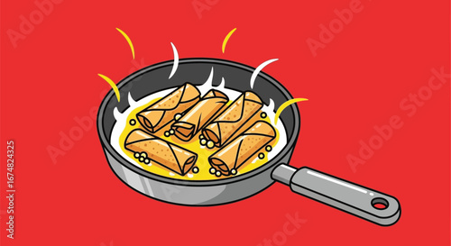 Frying delicious spring rolls in a pan on a vibrant red background