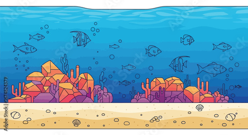 Vibrant underwater world scene with a colorful coral reef and stylized fish swimming in the ocean