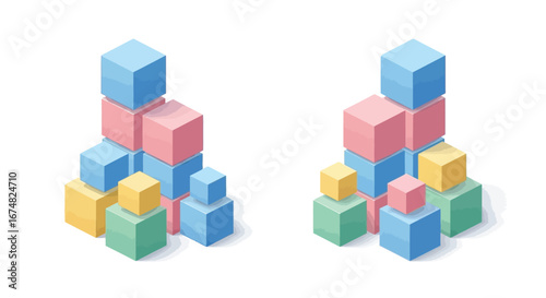 Abstract geometric stacks of colorful pastel isometric cubes, symbolizing modular design, construction, and creative development