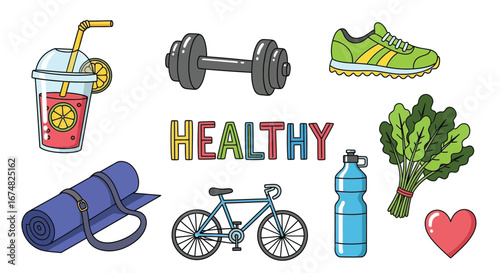Healthy Lifestyle Elements Fitness, Nutrition, Exercise & Wellbeing Illustration Set